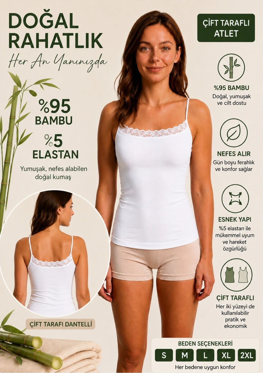 Westic Giyim Kadın Çift Taraflı Dantelli Ip Askılı Atlet %95 Bambu %5 Elastan Yumuşak Esnek Iç Giyim S-2xl görsel 4