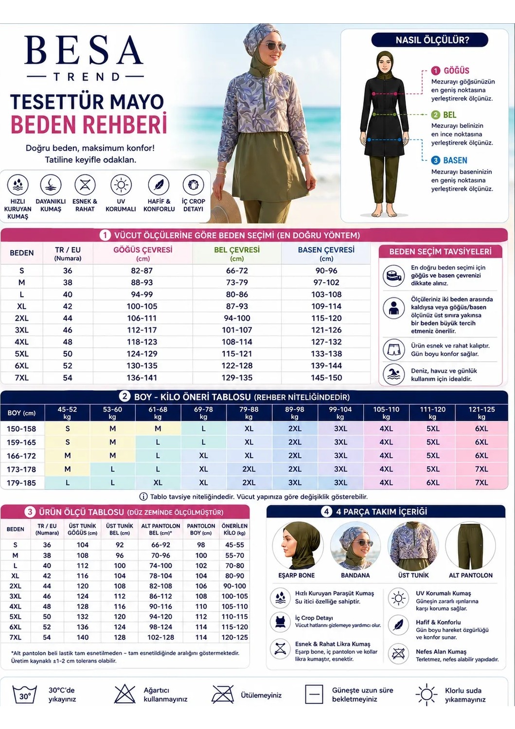 Besa Tesettür Mayo Dijital Desenli Siyah 3 Parça Bone, Üst, Alt Takım Ten ve Vücut Hatlarını Göstermez görsel 6
