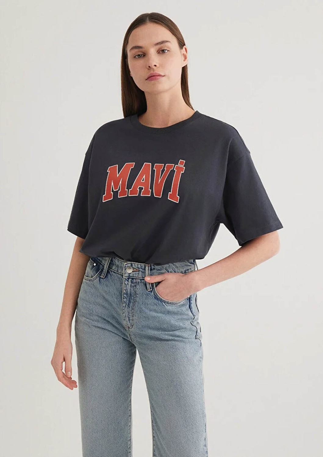 Mavi Logo Baskılı Antrasit Tişört 1600843-82185