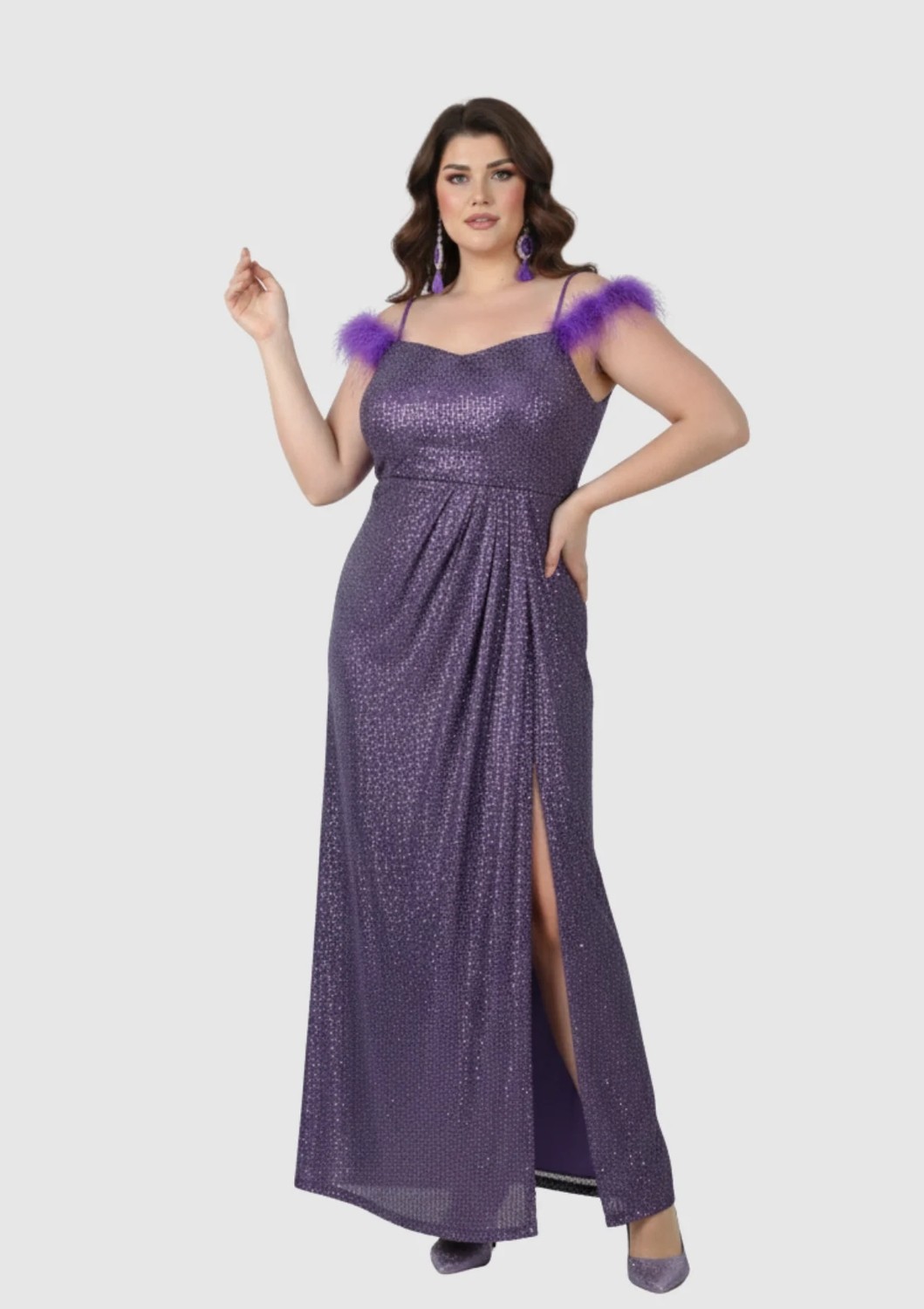 Lilas Xxl Büyük Beden Mor Renkli İp Askılı Pul Payetli Uzun Abiye Elbise