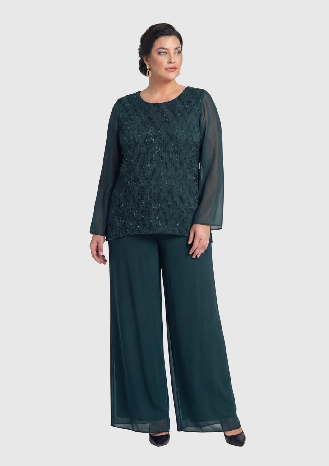 Lilas Xxl Büyük Beden Yeşil Renkli Şifon Abiye Pantolon Bluz Takım