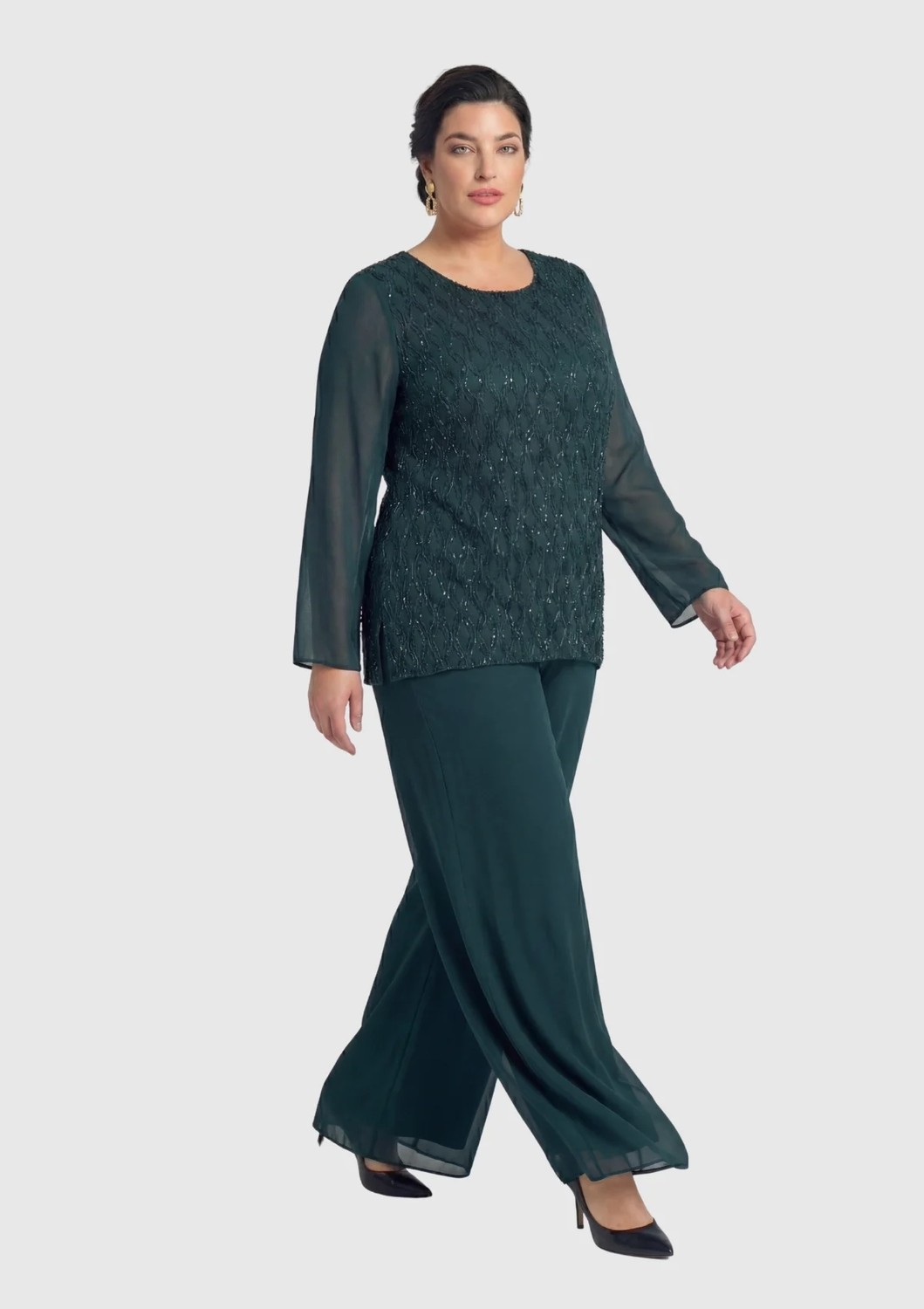 Lilas Xxl Büyük Beden Yeşil Renkli Şifon Abiye Pantolon Bluz Takım görsel 2
