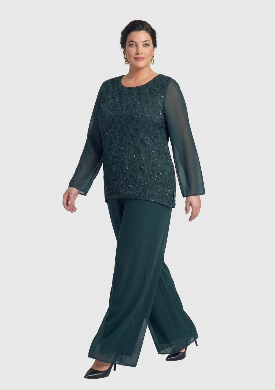 Lilas Xxl Büyük Beden Yeşil Renkli Şifon Abiye Pantolon Bluz Takım görsel 3