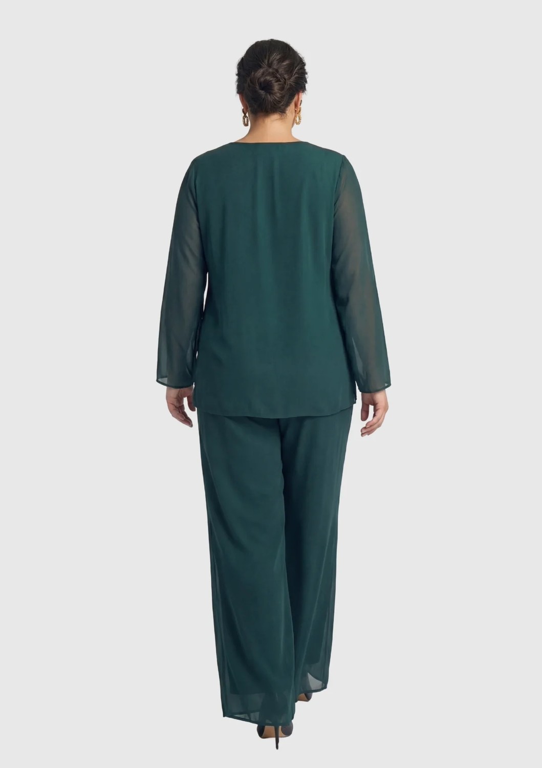 Lilas Xxl Büyük Beden Yeşil Renkli Şifon Abiye Pantolon Bluz Takım görsel 4