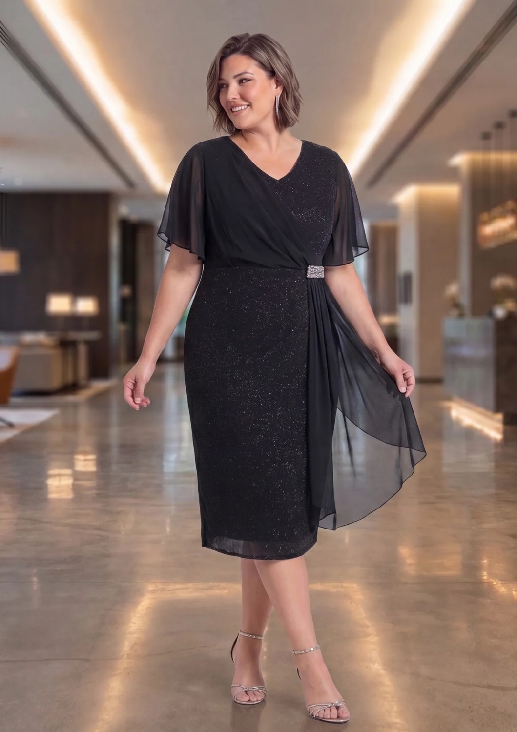 Lilas Xxl Büyük Beden Saks Renkli Likralı Simli V Yaka Abiye Elbise görsel 2