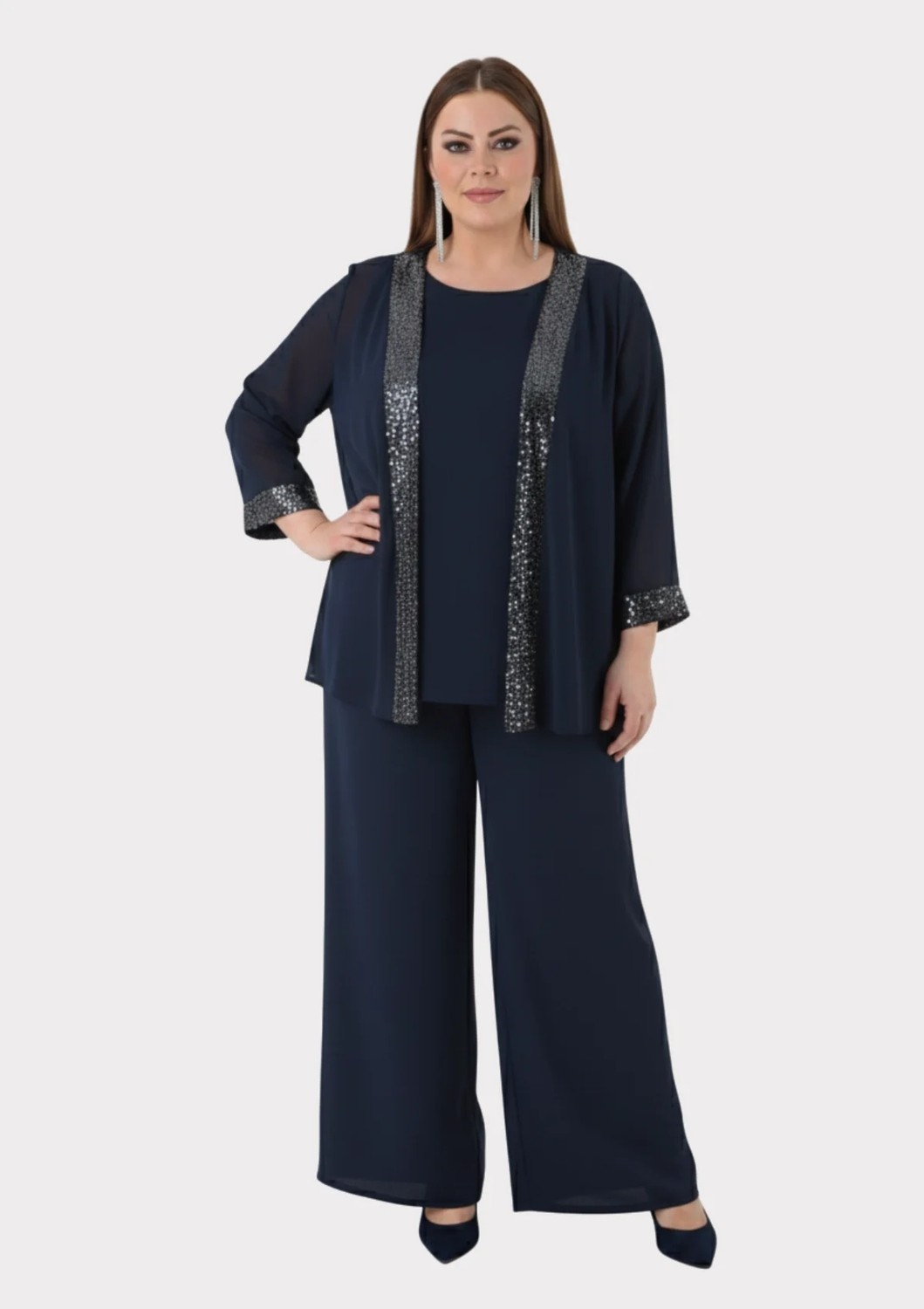 Lilas Xxl Büyük Beden Lacivert Renkli Şifon Abiye Pantolon Bluz Takım