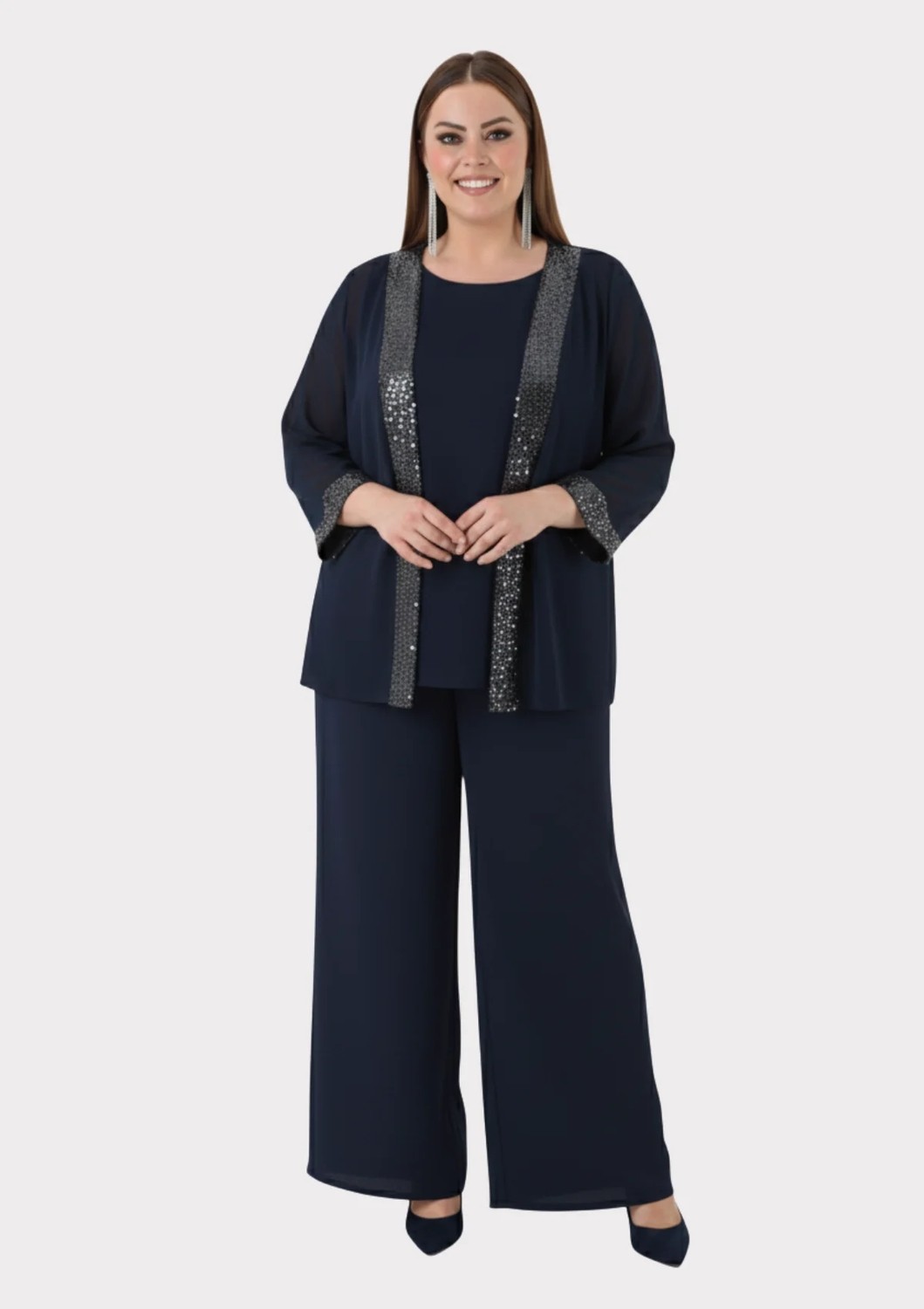 Lilas Xxl Büyük Beden Lacivert Renkli Şifon Abiye Pantolon Bluz Takım görsel 2