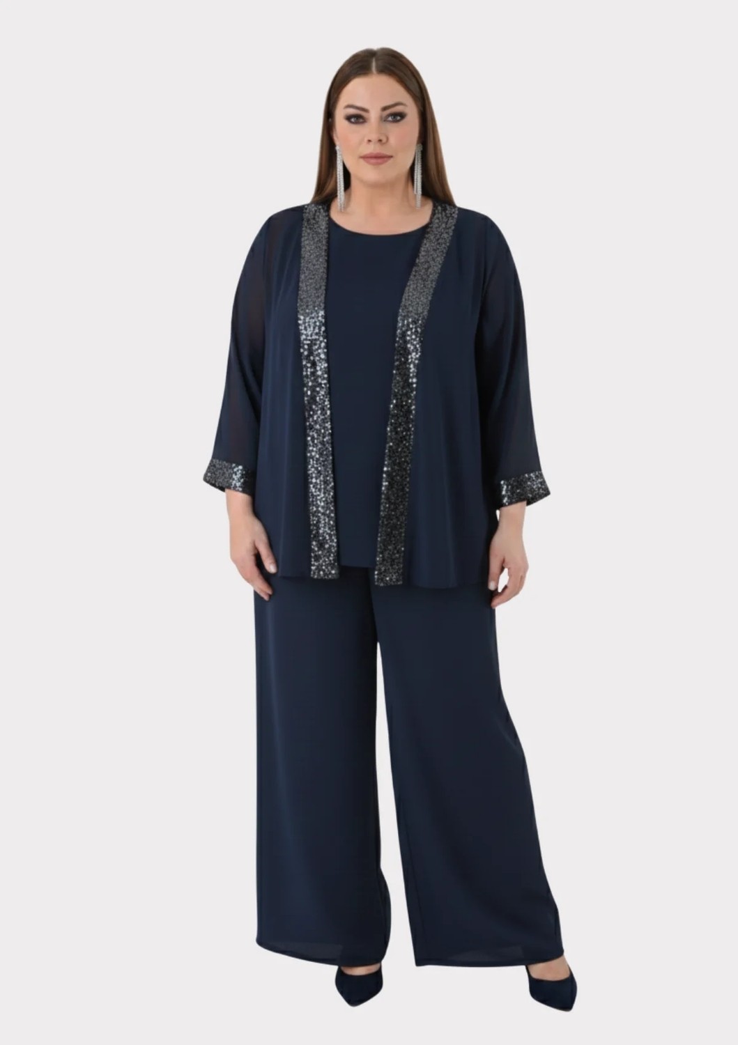 Lilas Xxl Büyük Beden Lacivert Renkli Şifon Abiye Pantolon Bluz Takım görsel 3