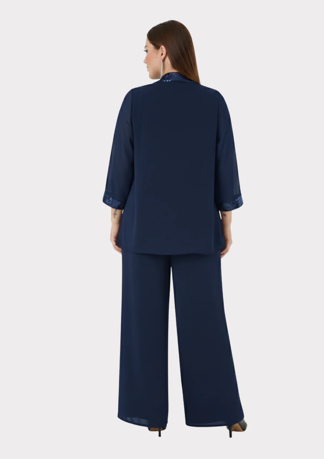 Lilas Xxl Büyük Beden Lacivert Renkli Şifon Abiye Pantolon Bluz Takım görsel 4