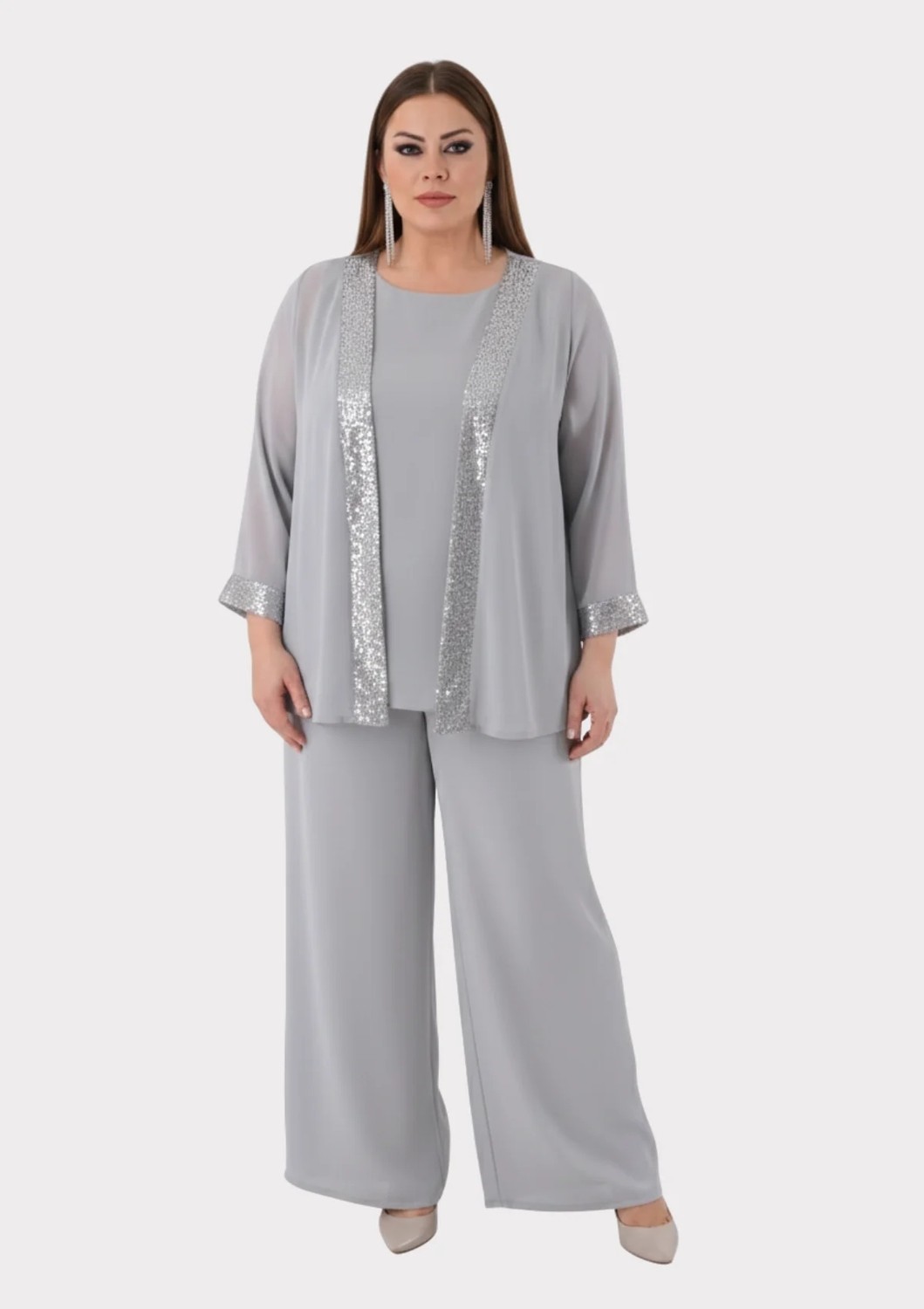 Lilas Xxl Büyük Beden Lacivert Renkli Şifon Abiye Pantolon Bluz Takım görsel 6