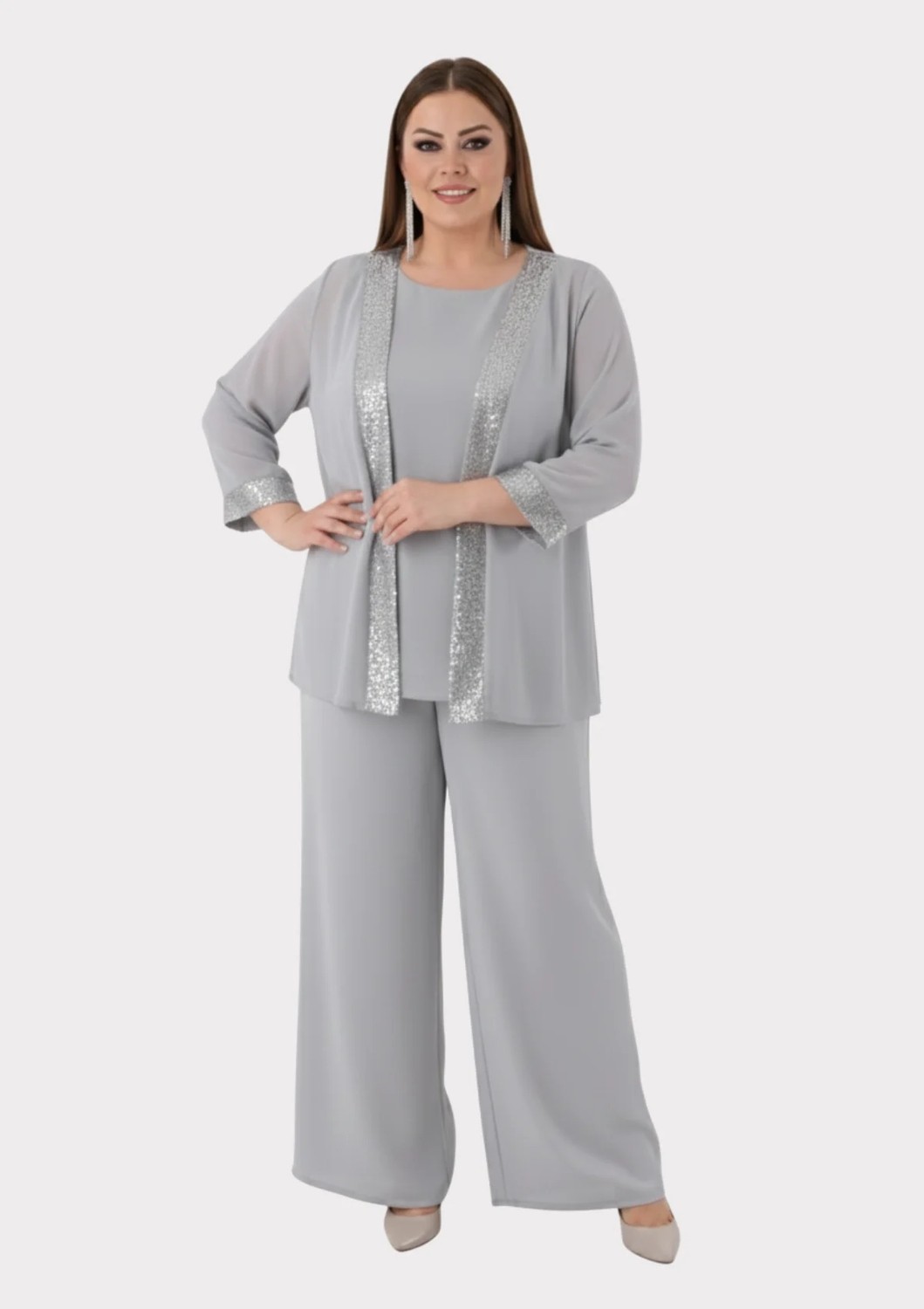 Lilas Xxl Büyük Beden Lacivert Renkli Şifon Abiye Pantolon Bluz Takım görsel 7