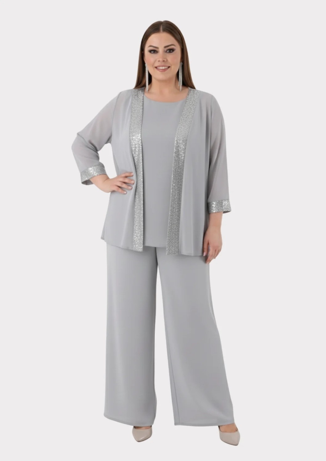 Lilas Xxl Büyük Beden Lacivert Renkli Şifon Abiye Pantolon Bluz Takım görsel 8