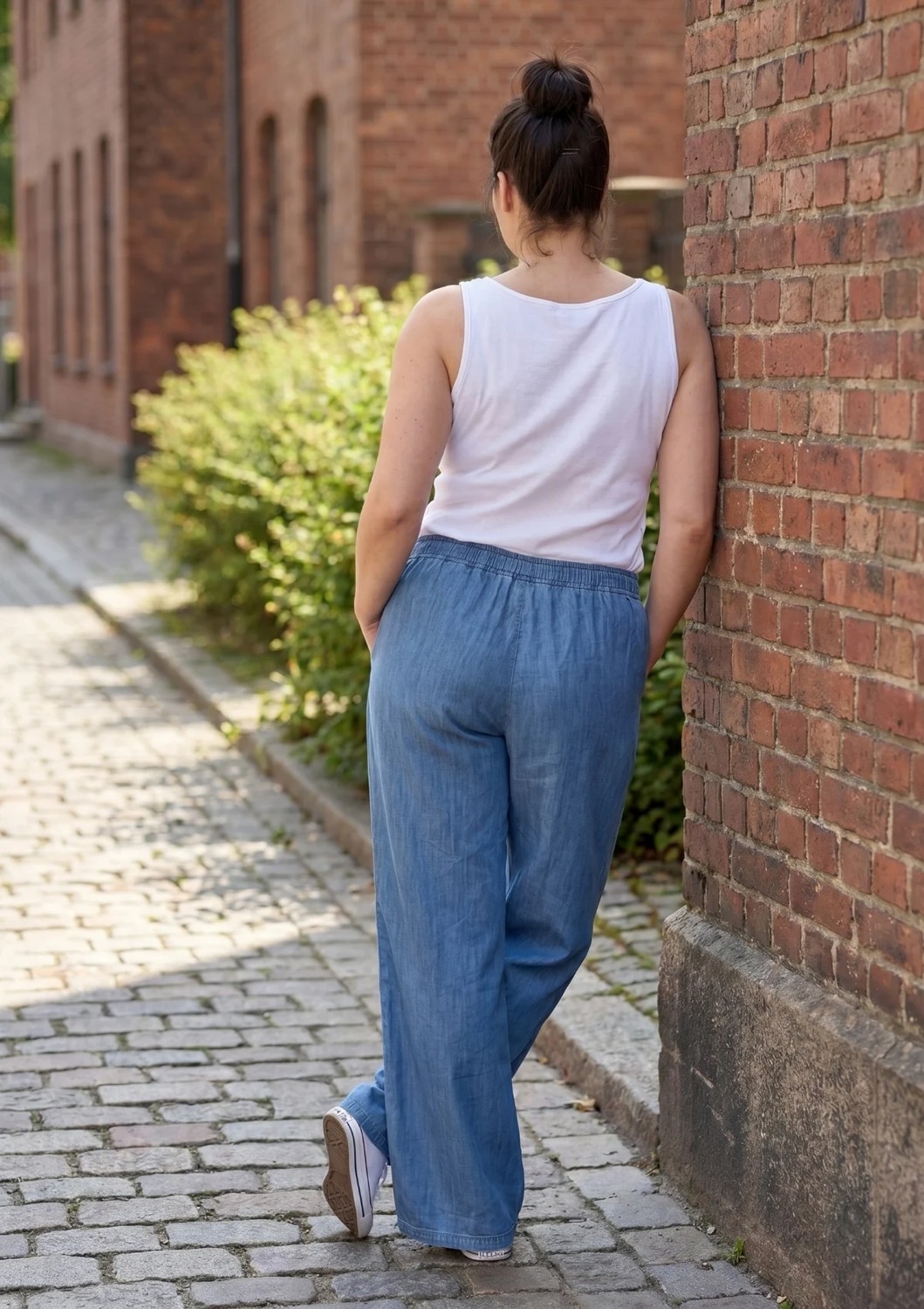 Lilas Xxl Büyük Beden Beli Lastikli Bol Paça Mavi Renkli Ince Kumaş Kot Pantolon görsel 6