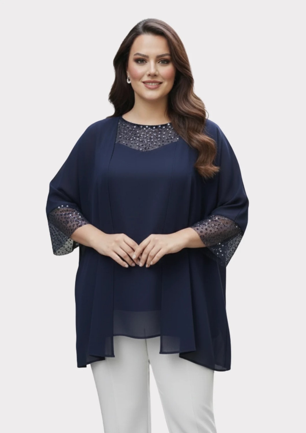 Lilas Xxl Büyük Beden Lacivert Renkli Şifon Ceketli Abiye Bluz görsel 2