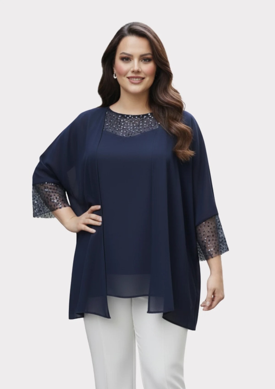 Lilas Xxl Büyük Beden Lacivert Renkli Şifon Ceketli Abiye Bluz görsel 4