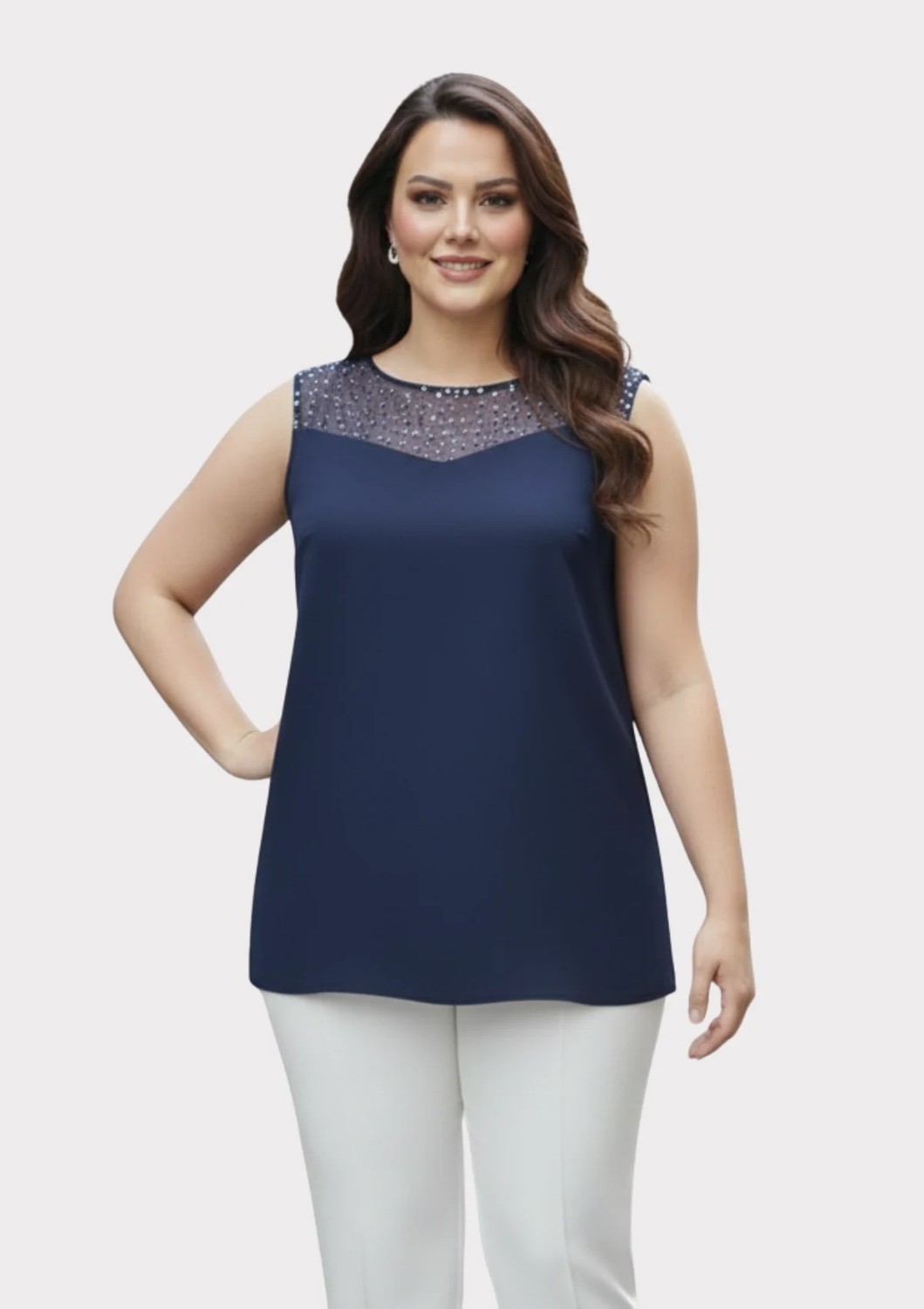 Lilas Xxl Büyük Beden Lacivert Renkli Şifon Ceketli Abiye Bluz görsel 5
