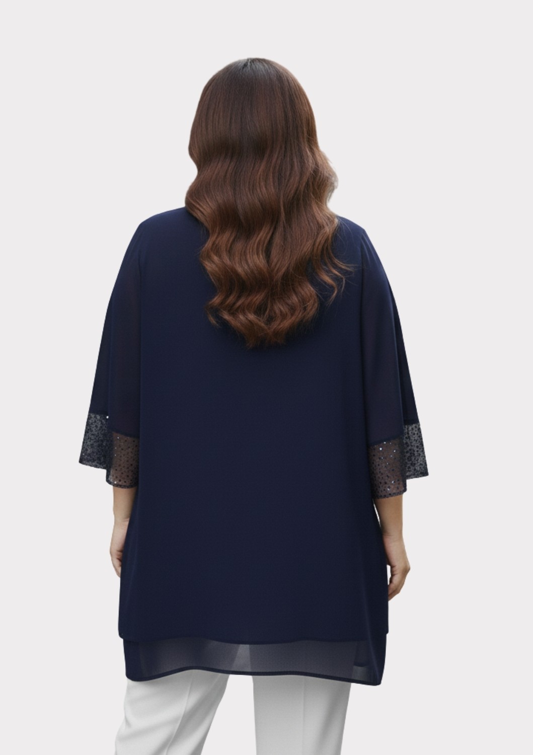 Lilas Xxl Büyük Beden Lacivert Renkli Şifon Ceketli Abiye Bluz görsel 6