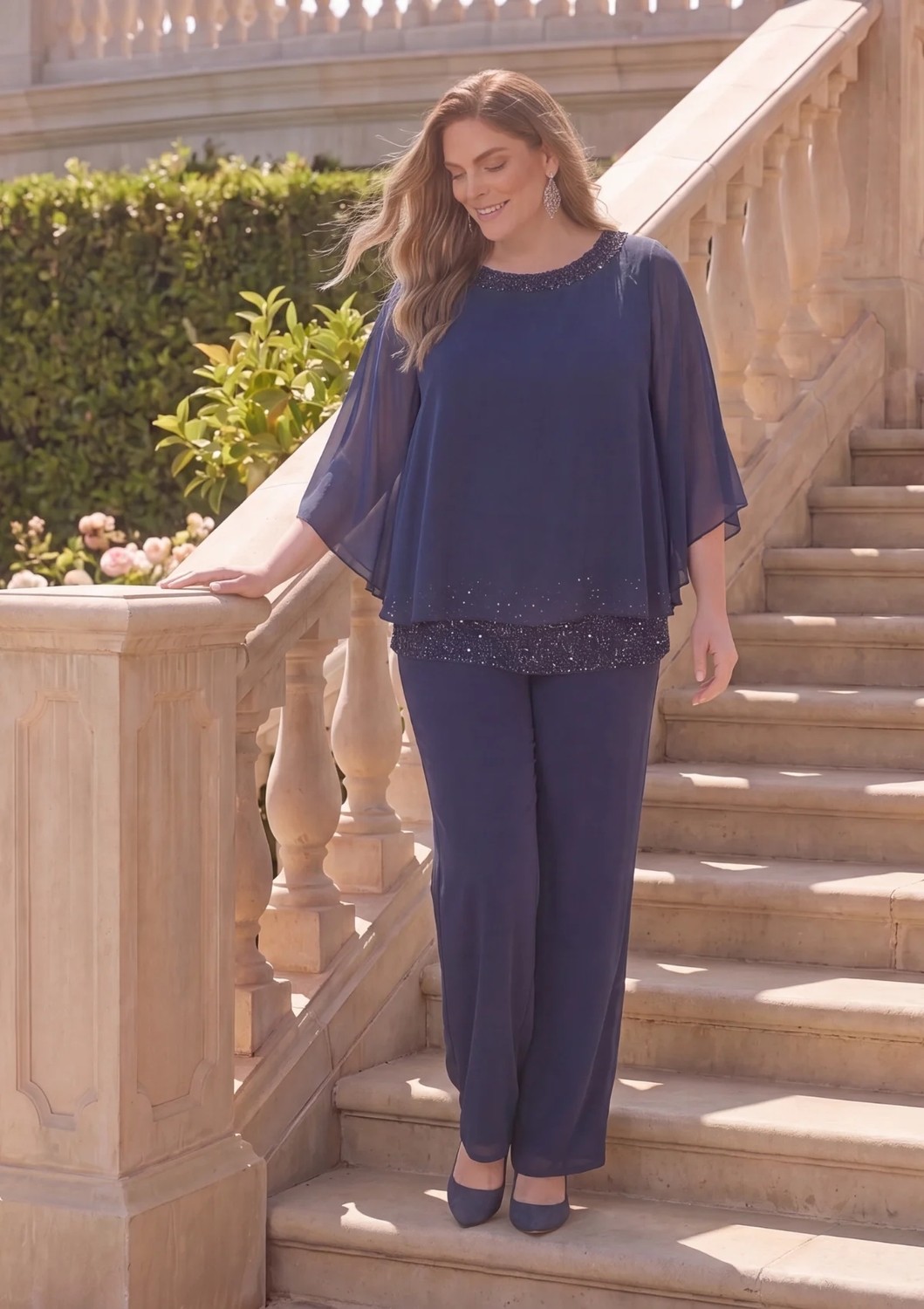Lilas Xxl Büyük Beden Vizon Renkli Şifon Abiye Pantolon Bluz Takım görsel 2