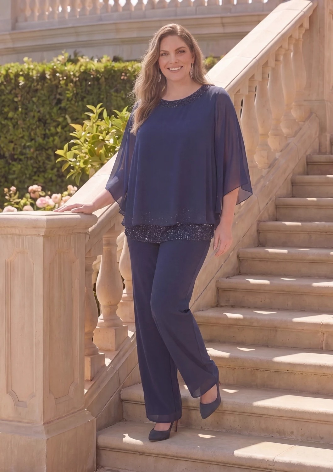 Lilas Xxl Büyük Beden Vizon Renkli Şifon Abiye Pantolon Bluz Takım görsel 3
