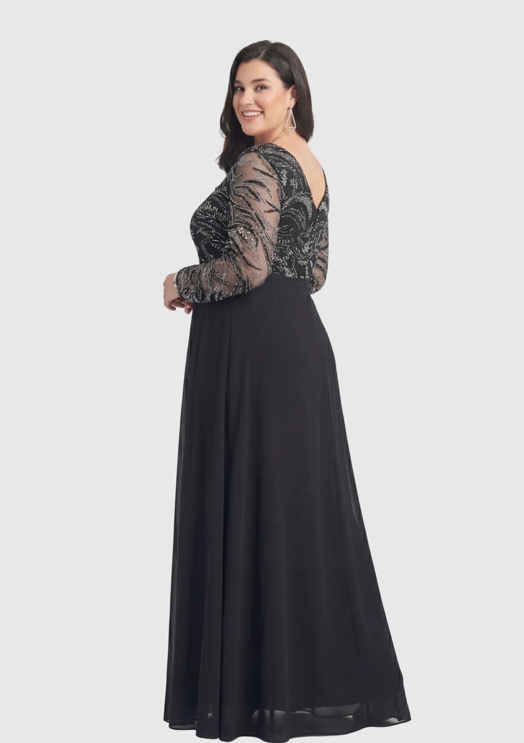 Lilas Xxl Büyük Beden Glitter Baskı Siyah Renkli Uzun Kollu Uzun Abiye Elbise görsel 6