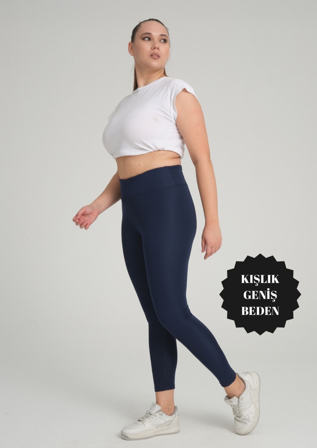 Banega Curve Büyük Beden Örme Şardonlu Polarlı Kışlık Lacivert Tayt görsel 7