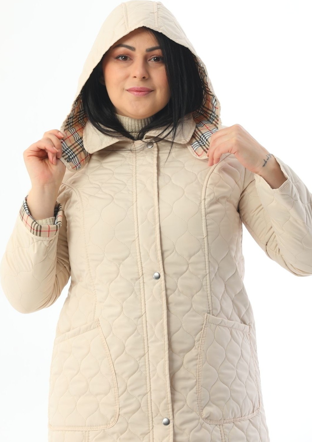 TUTveAL Collection Mevsimlik Kapitone, Su Itici Mont, Ekoseli Mont, Büyük Beden Mont, Lacivert Mont görsel 4