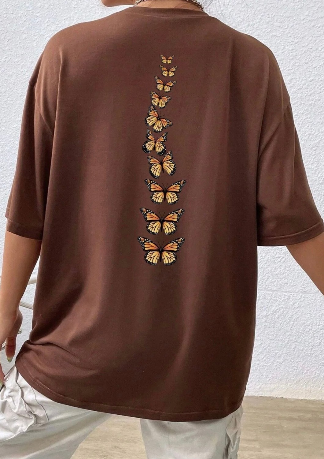Amor Face Büyük Beden Özel Tasarım Uçuşan Kelebekler Sırt Baskılı %100 Pamuk Oversize Kadın T-Shırt görsel 7