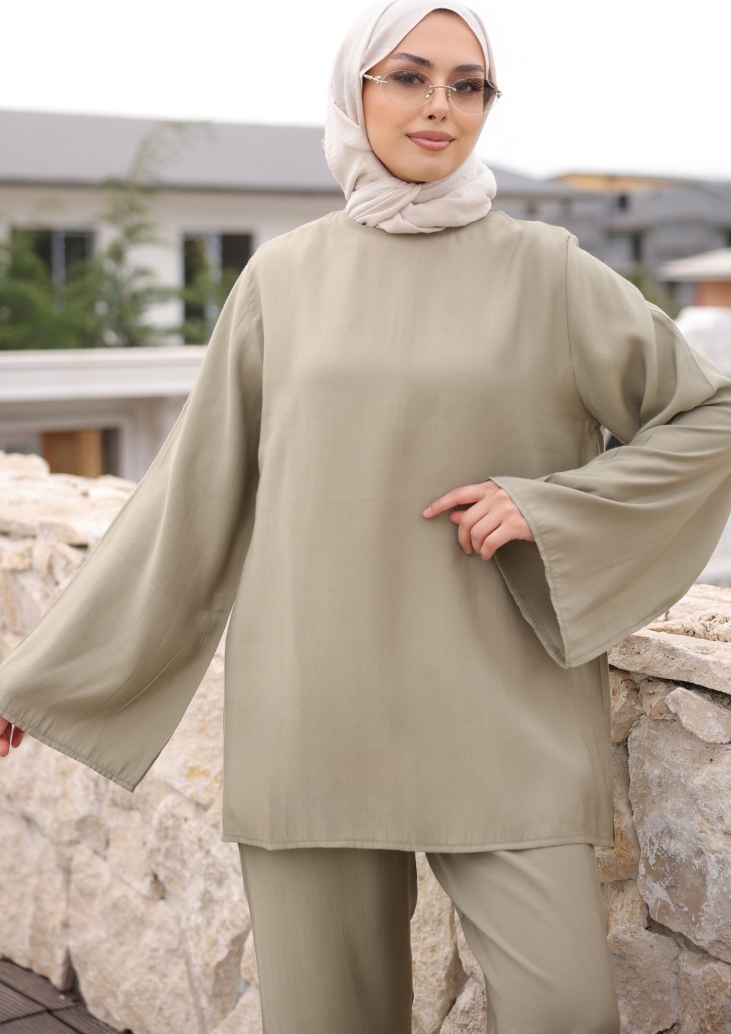 İmaj Butik Açık Haki Ispanyol Kol Tunik Pantolonlu Takım görsel 3