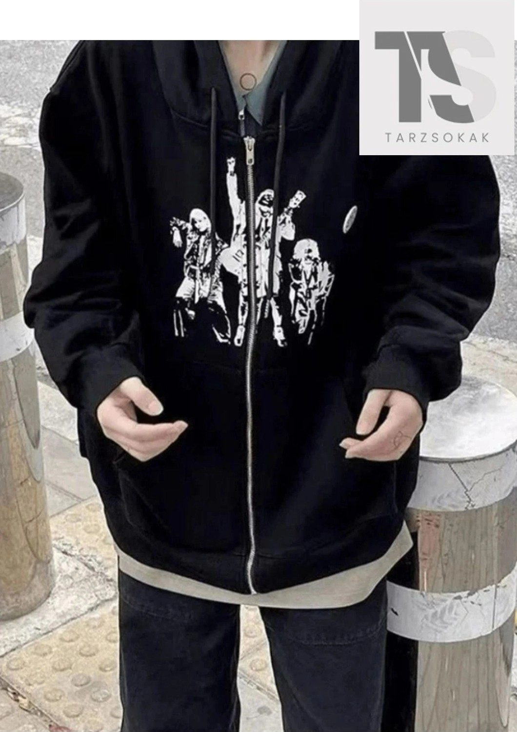 Tarzsokak Punk Tasarım Sweatshirt Fermuarlı Hırka Siyah