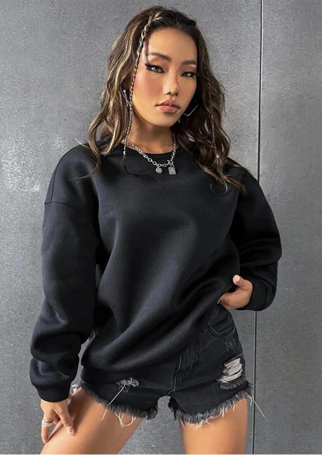 Tarzsokak Siyah Oversize Brooklyn 1898 Baskılı Bisiklet Yaka Kapşonsuz Pamuklu Sweatshirt görsel 3