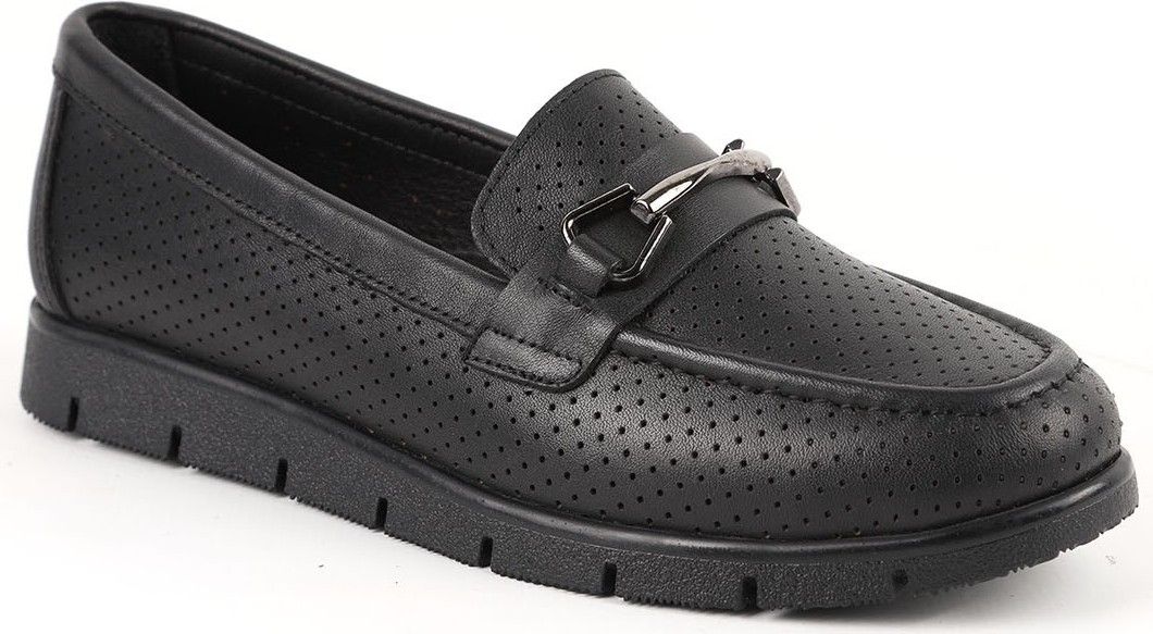 Libero L076.2500-1 Hakiki Deri Lazer Delikli Gold Tokalı Kalın Tırtıklı Eva Taban Kadın Comfort Loafer