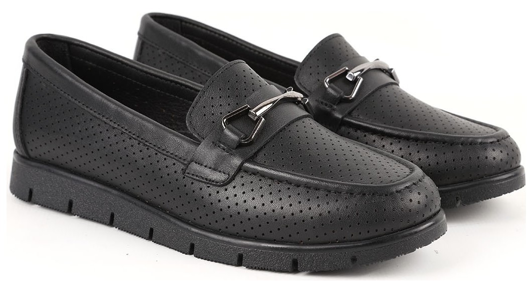 Libero L076.2500-1 Hakiki Deri Lazer Delikli Gold Tokalı Kalın Tırtıklı Eva Taban Kadın Comfort Loafer görsel 3