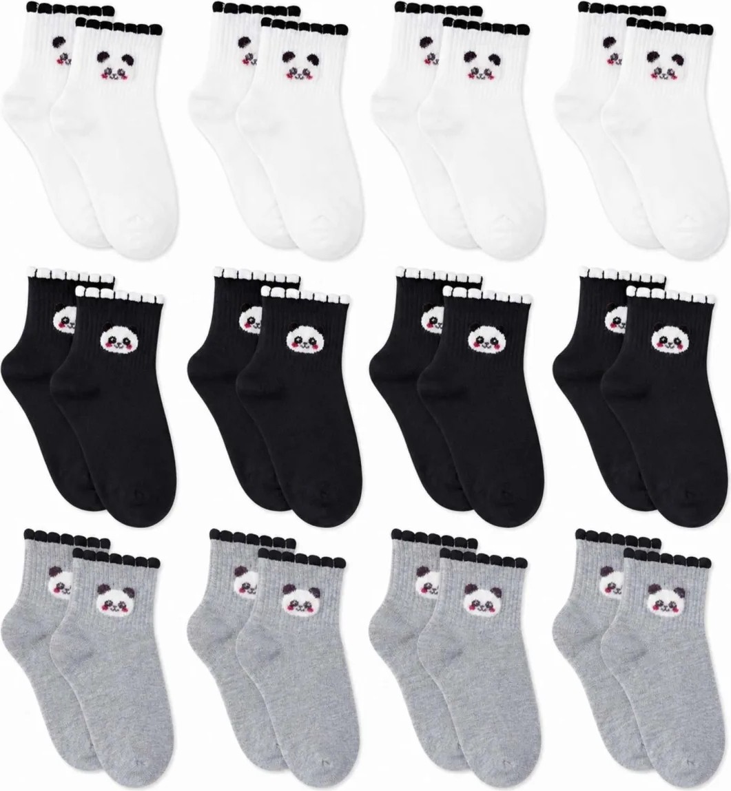 Belirtilmemiş Kadın Panda Desenli Kısa Konç Çorap 12'li Paket, %80 Pamuklu Dikişsiz Burun, Nefes Alan Yumuşak Bil