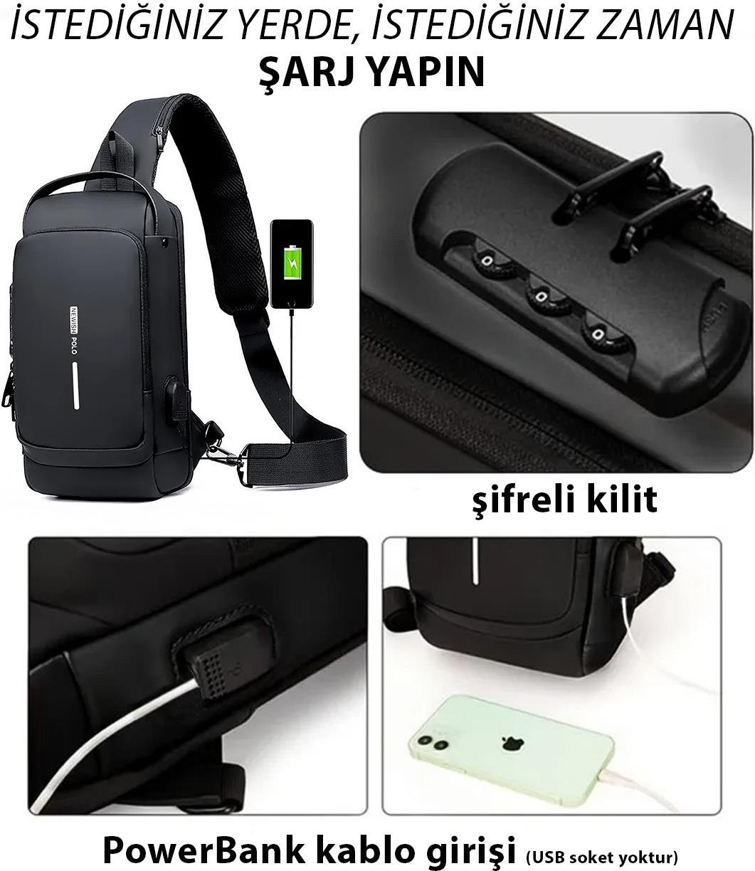 Newish Polo Erkek Siyah Usb Çıkışlı Çapraz Askılı Omuz ve Bel Çantası newpolo222 görsel 2