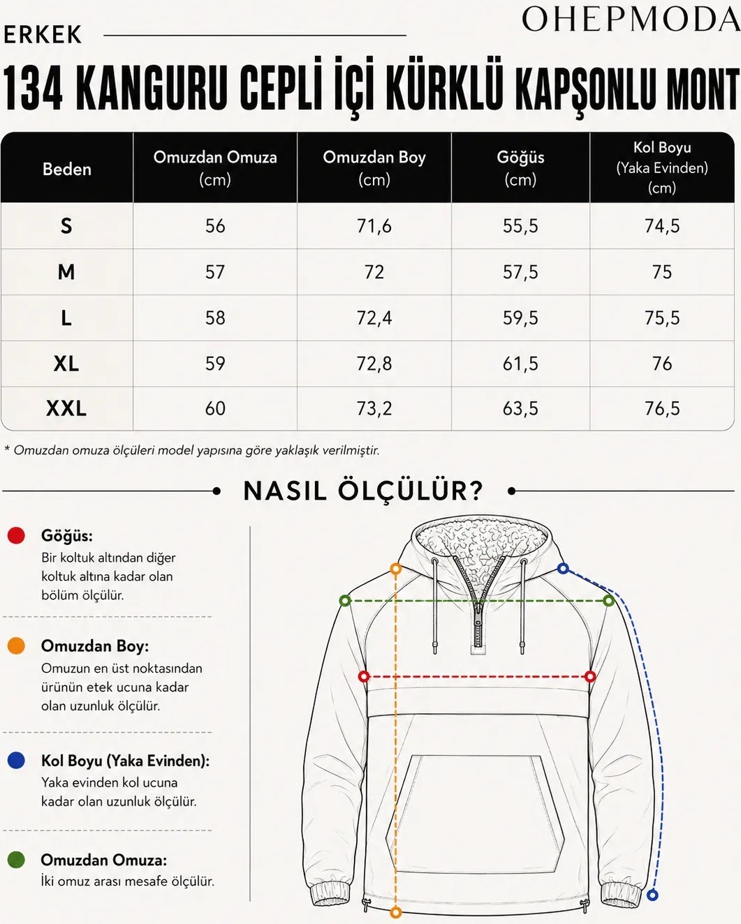 Ohepmoda Kanguru Cepli Kürklü Erkek Yağmurluk Mont görsel 2