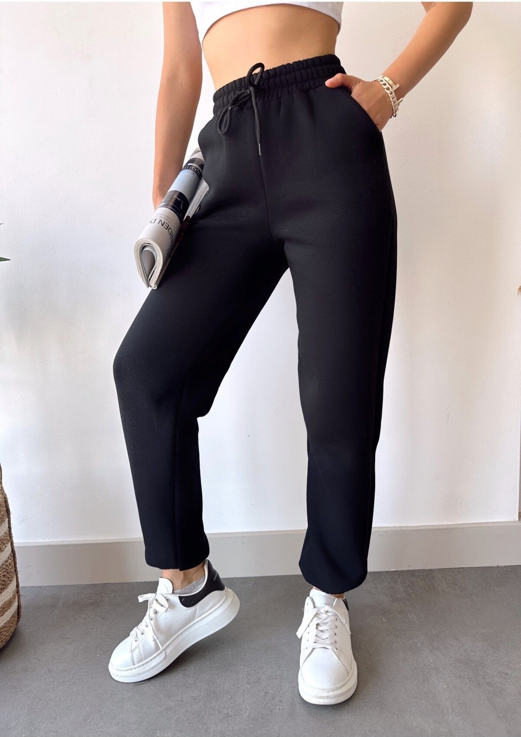 Schlank Kadın Beyaz Kışlık Kalın Içi Polarlı Yüksek Bel Paçası Lastikli Basic Jogger Eşofman Altı