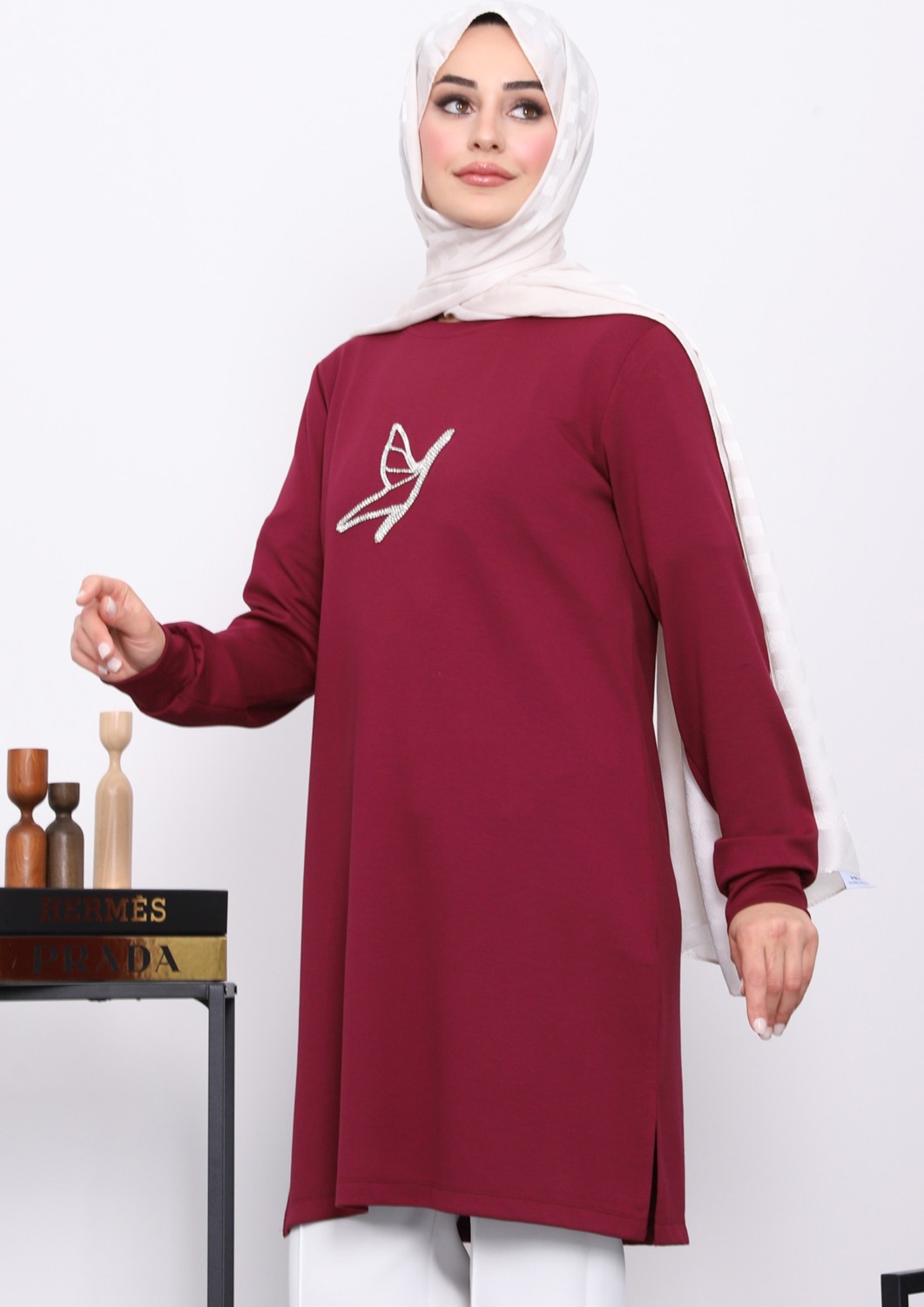 İmaj Butik Mürdüm Taş Baskılı Modal Tunik görsel 4