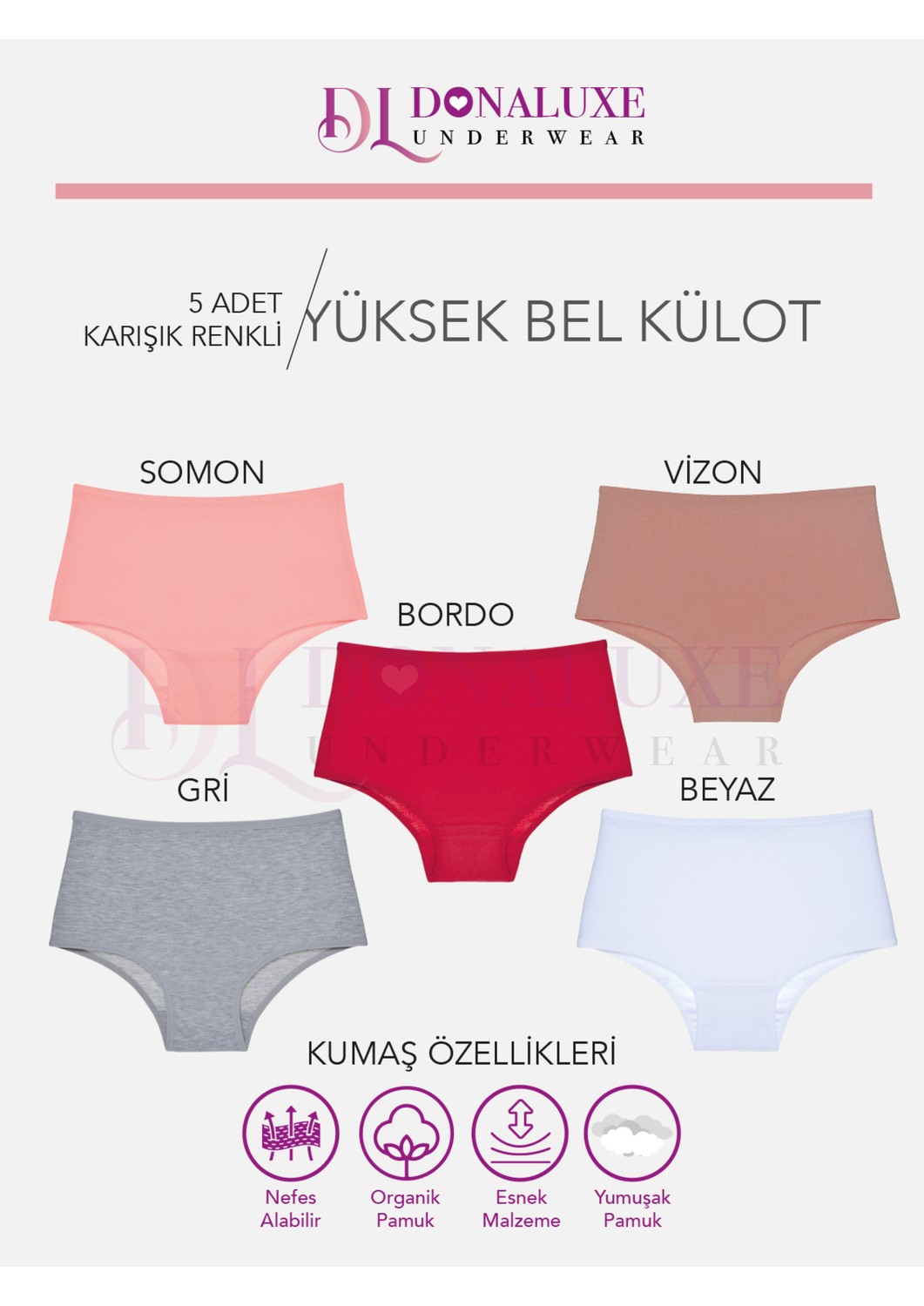 Donaluxe Kadın Külot , Kadın Yüksek Bel Beyaz 5'li Pamuklu Külot görsel 2