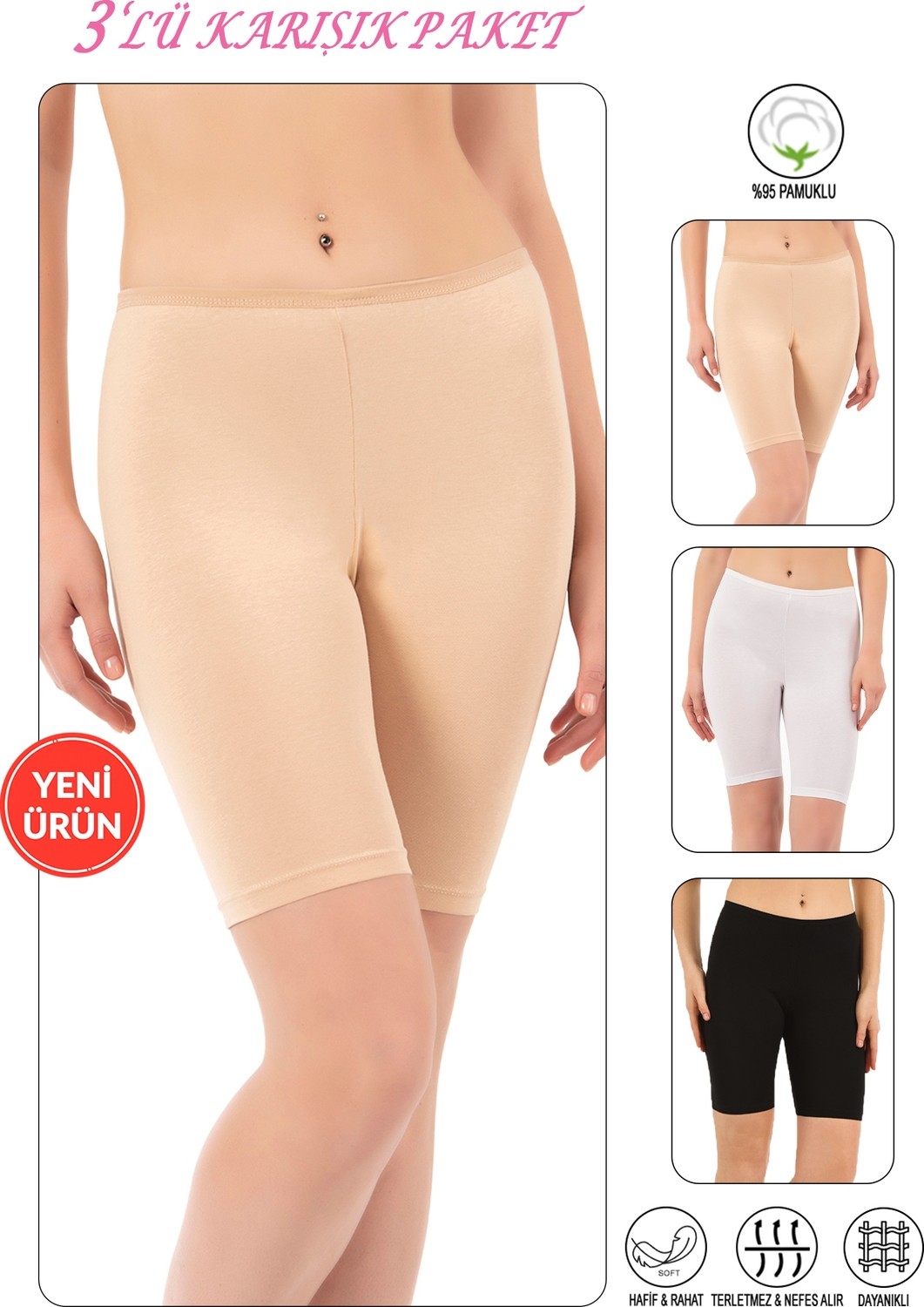 Özkan Underwear Özkan 0413 Kadın %95 Pamuklu Likralı Süprem Kumaş Esnek Rahat Yumuşak Diz Üstü Toparlayıcı Yüksek Bel Kısa Tayt