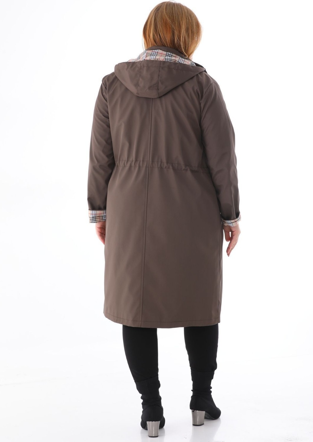 TUTveAL Collection Kadın Suya Dayanıklı Büyük Beden Trençkot Uzun Kapüşonlu Trençkot Bonded Kumaş Içi Ekoseli Trençkot