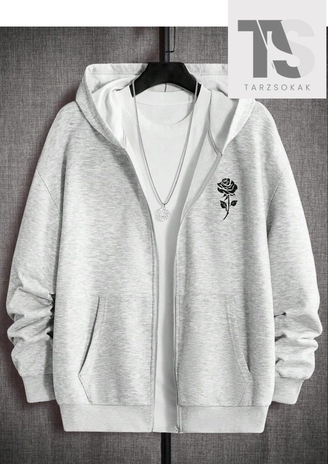 Tarzsokak Gül Sweatshirt Fermuarlı Hırka Gri