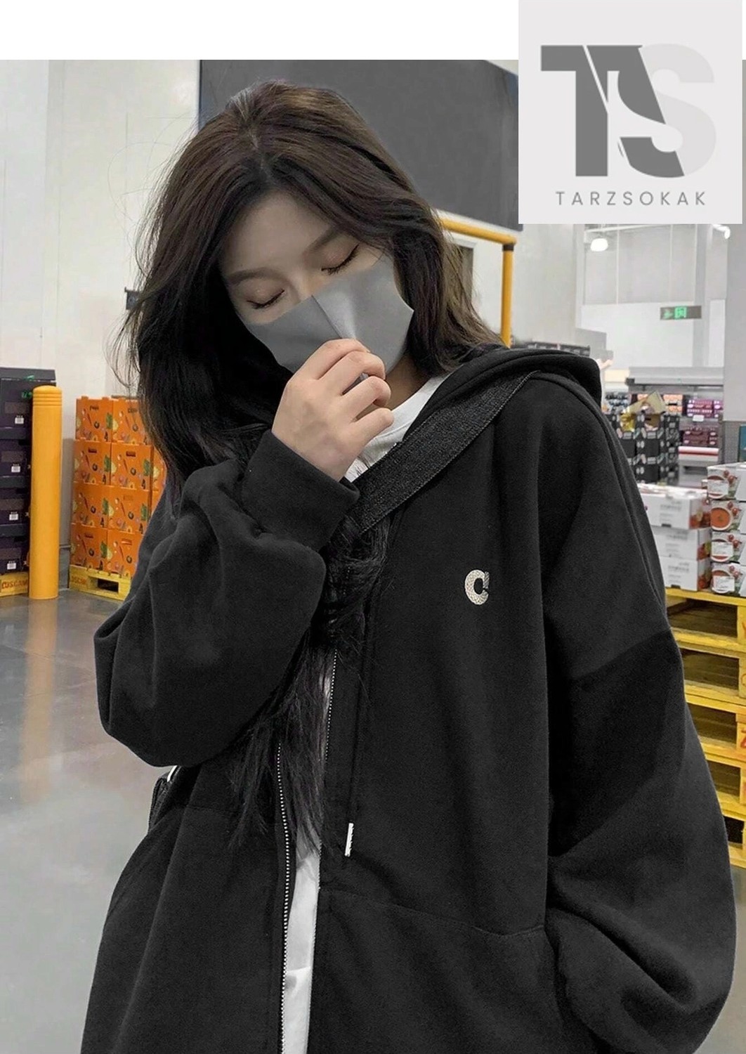 Tarzsokak C Harfli Sweatshirt Fermuarlı Hırka Siyah görsel 2