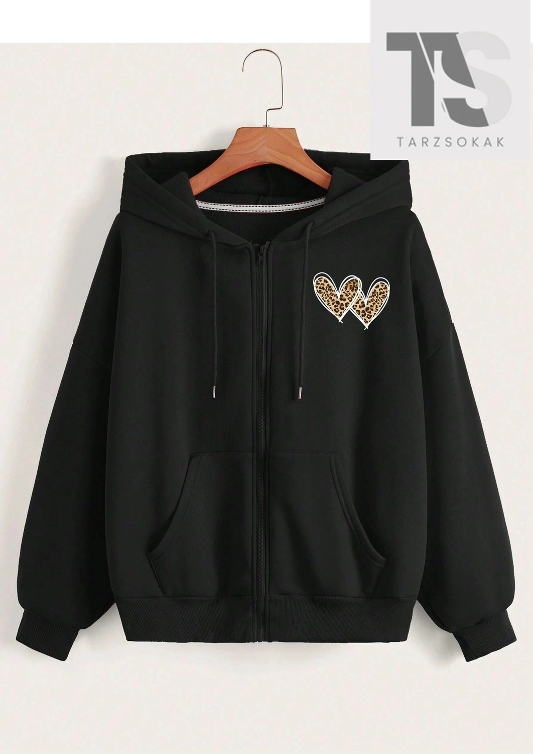 Tarzsokak Leopar Desen Kalpler Sweatshirt Fermuarlı Hırka Siyah