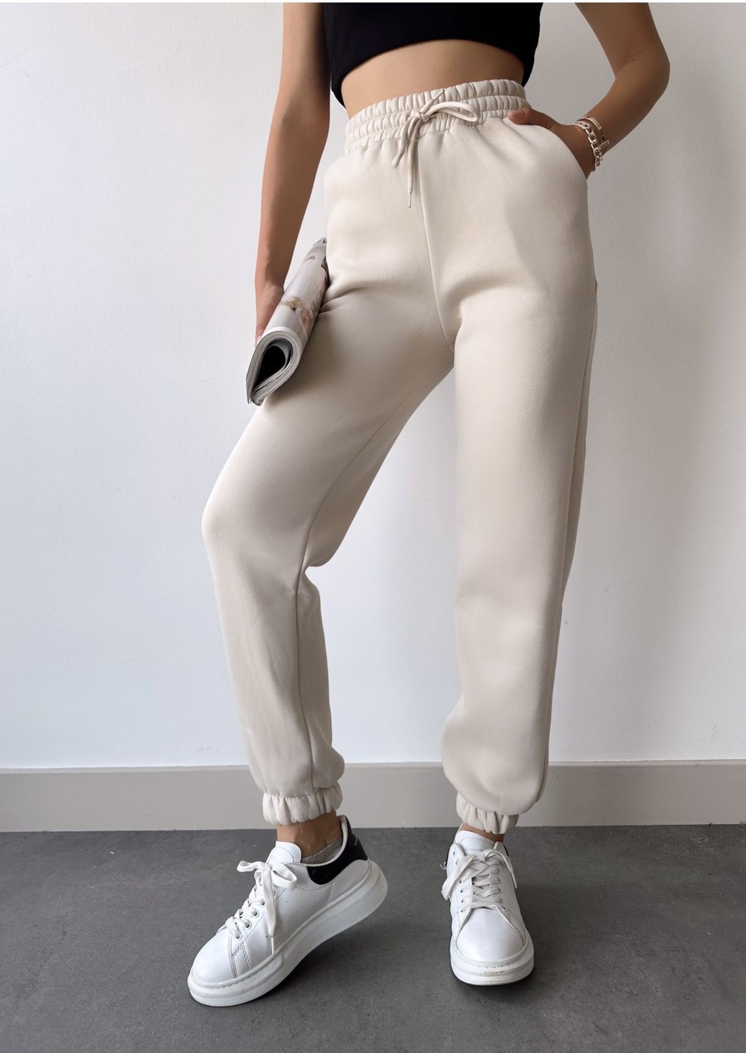 Schlank Kadın Beyaz Kışlık Kalın Içi Polarlı Yüksek Bel Paçası Lastikli Basic Jogger Eşofman Altı