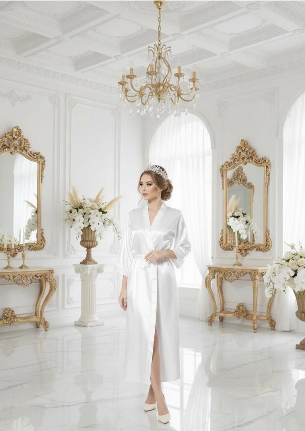 Nuitamore Beyaz Bride Saten Uzun Sabahlık. görsel 7