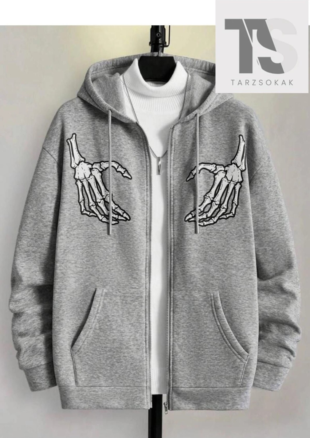 Tarzsokak Oversize Unisex Gri Iskelet Baskılı