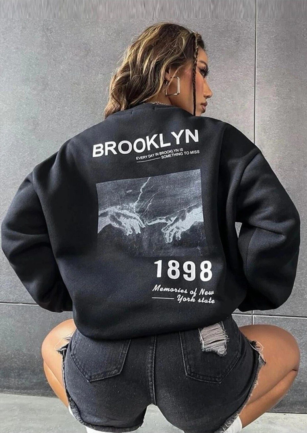 Tarzsokak Siyah Oversize Brooklyn 1898 Baskılı Bisiklet Yaka Kapşonsuz Pamuklu Sweatshirt