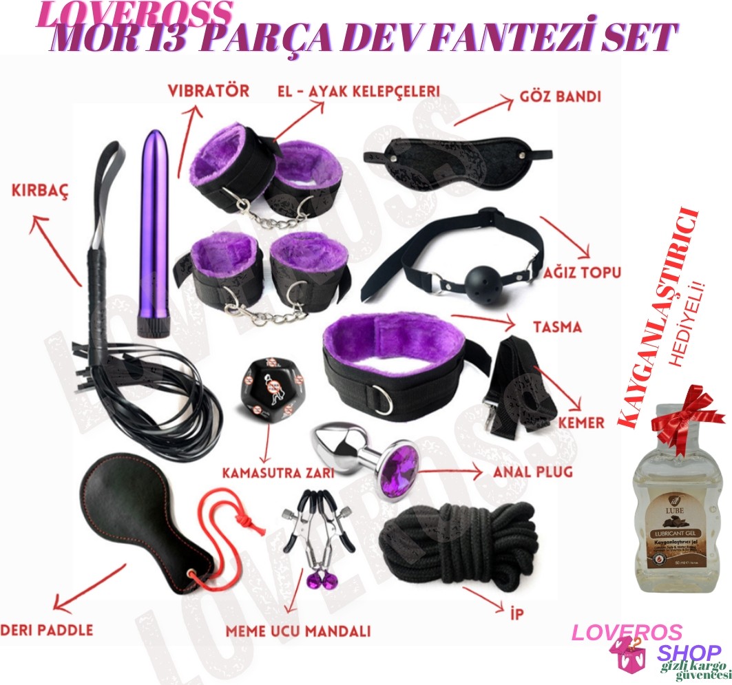 LOVEROSS Fantazi Çok Parçalı Deri Bdsm Kelepçe Kırbaç Dev Fantezi Seti | 13 Parça | Mor | Gizli Ürün görsel 3