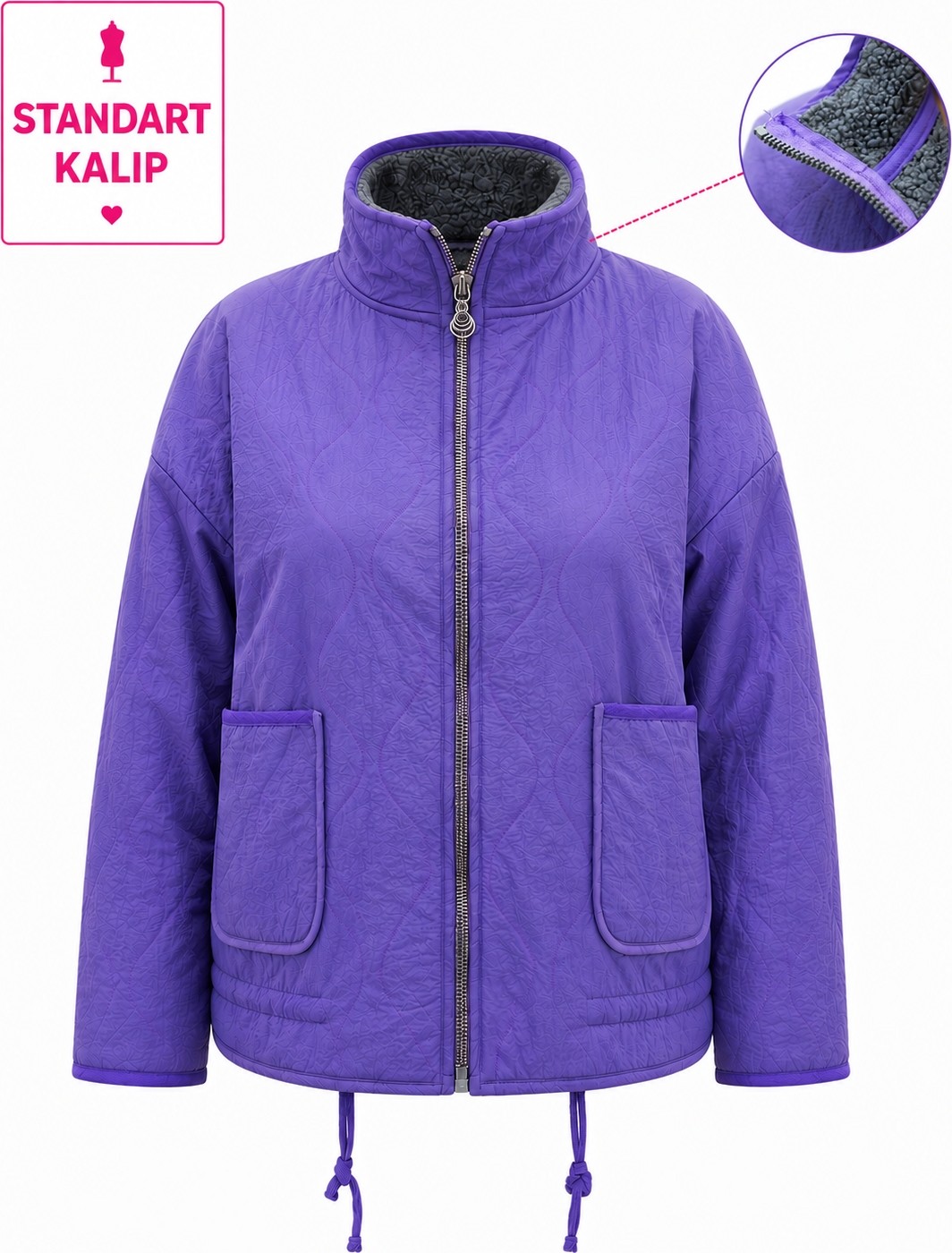 Trieste Wear Büyük Beden Içi Peluşlu Kapitone Fermuarlı Cepli Kadın Ceket görsel 2