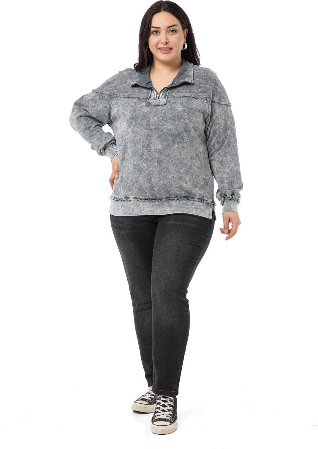 Disentis Modest Büyük Beden Pis Dikişli Fermuarlı Yırtmaçlı Parça Boyalı Gri Sweatshirt görsel 2